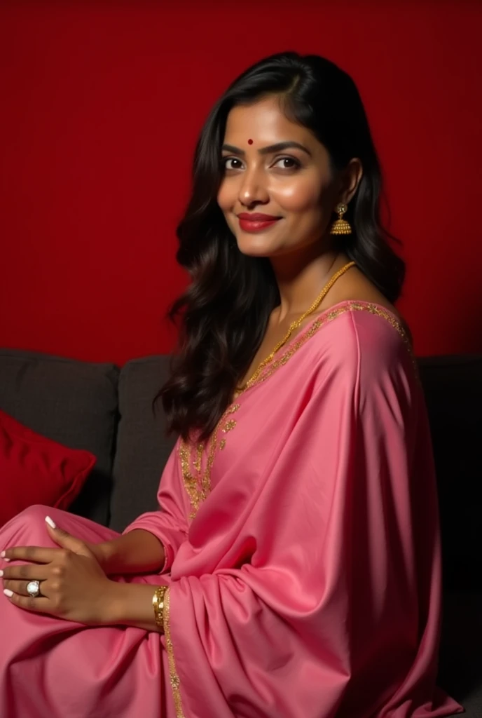 woman in a pink dress sitting on a couch with a red pillow, a picture inspired by T. K. Padmini, trending on cg society, hurufiyya, profile pic, wearing a silk kurta, dressed in a sari, photo of a woman, at night time, in red background, wearing a sari, ph...