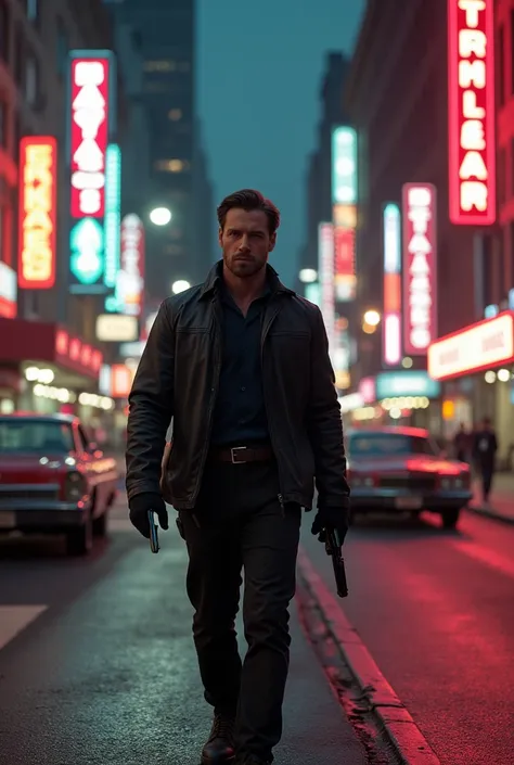  Winter Soldier walking through the streets of a 1950s city , with neon lights and classic cars passing .  he has a serious expression,  while observing the shadows of possible enemies that are approaching.