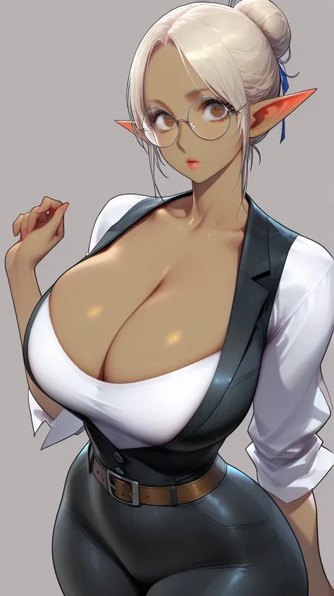 Gorgeous woman, elf, pretty lips, big eyes, brown eyes, hair bun, large breasts, large thighs, narrow waist, big hips,white shirt, black vest, black pants, brown belt, round glasses, dark skin, large cleavage,