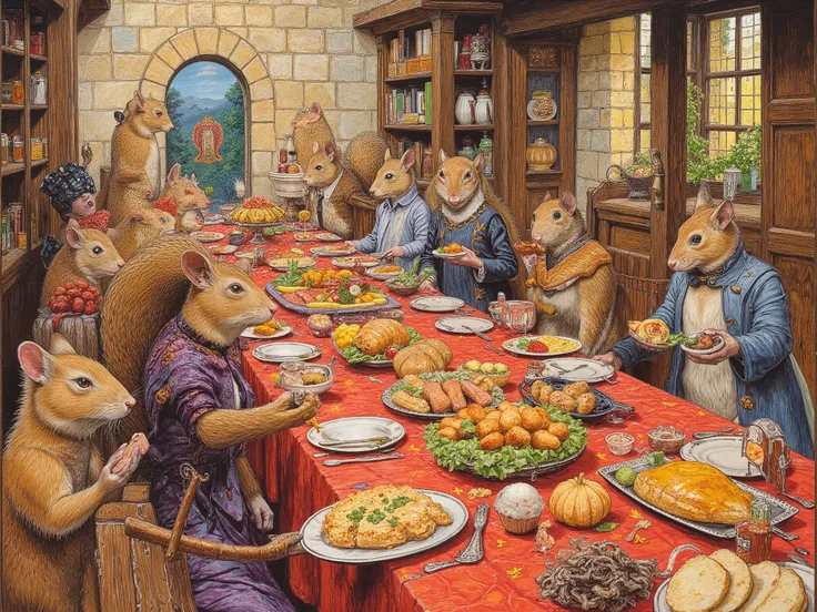 A bunch of redwall creatures having a feast, watercolor painting , mice, badgers, squirrels, hedgehogs, anthropomorphic
