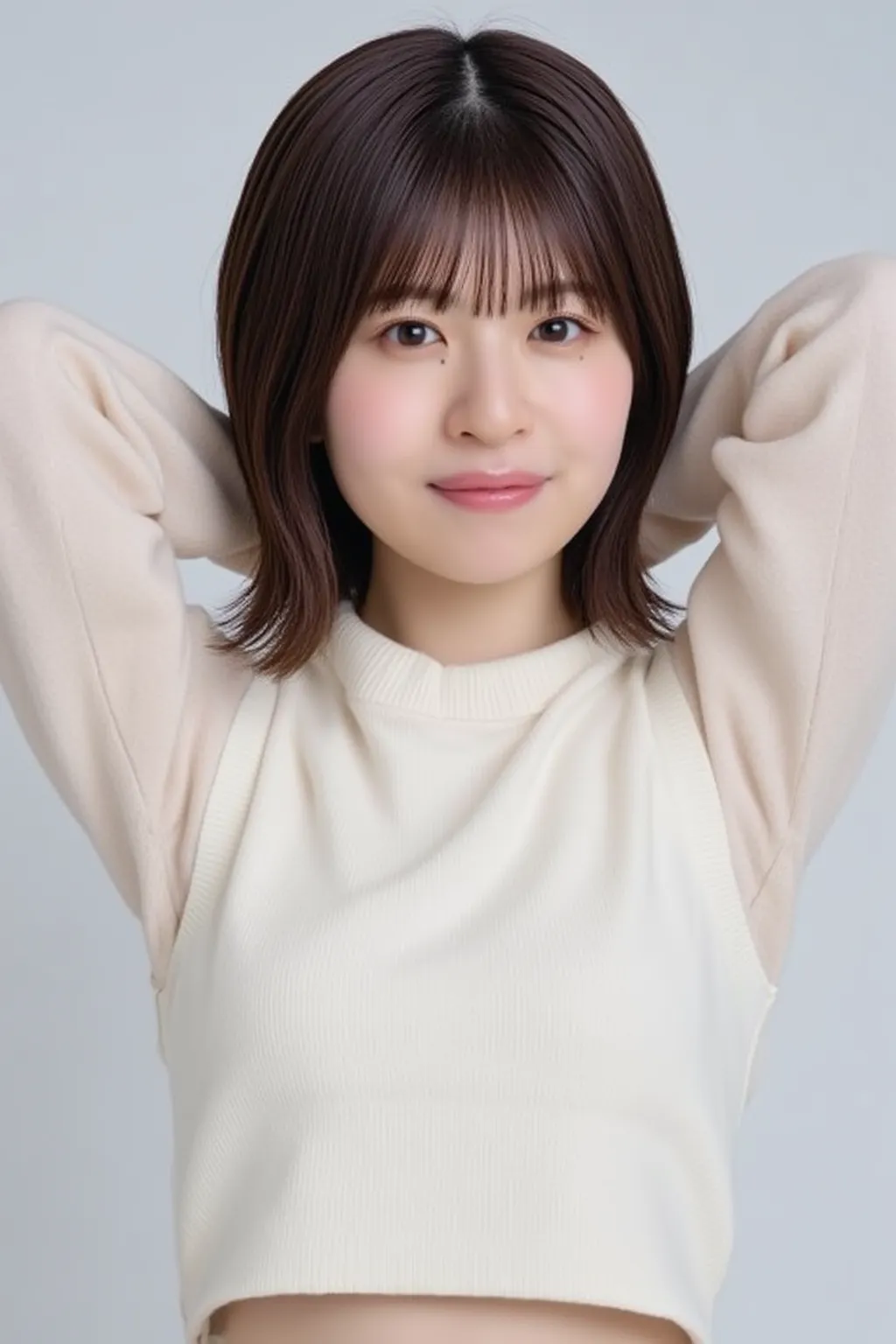  A high resolution photograph of a Japanese adult woman, photo realistic, masterpiece, amazing quality, intricate details , professional lighting, simple background,(from front),upper body, medium shot, looking at viewer , smile, closed mouth, standing, ar...