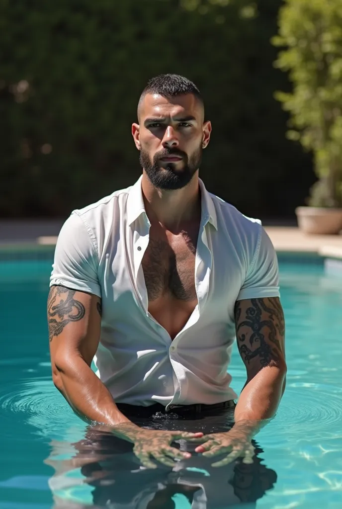 Square face with attractive features, high cheekbones, highly erotic, most sexie. German  man Florian Munteanu 35 years old, wet Buzzcut curly hairstyle, black hair,fair skin, textured skin,full beard,blue eyes, maxilar definido retangular, 1.85 de  altura...