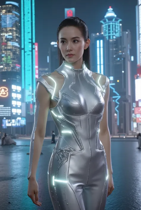 Arafed woman, futuristic suit, porcelain cyborg armor, shiny white mecha armor, gynoid cyborg body, beautiful and attractive female cyborg, sleek and polished appearance, confident pose, elegant yet strong expression, dynamic action stance, in a high-tech,...