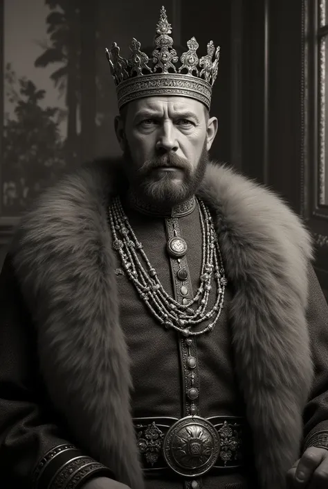  Make a realistic image of a Russian tsar, Between 50 or 40 years ,  if Brazil were a Russian colony  (Note,  Russia is still a kingdom . And the photo has to be in black and white, Old style)