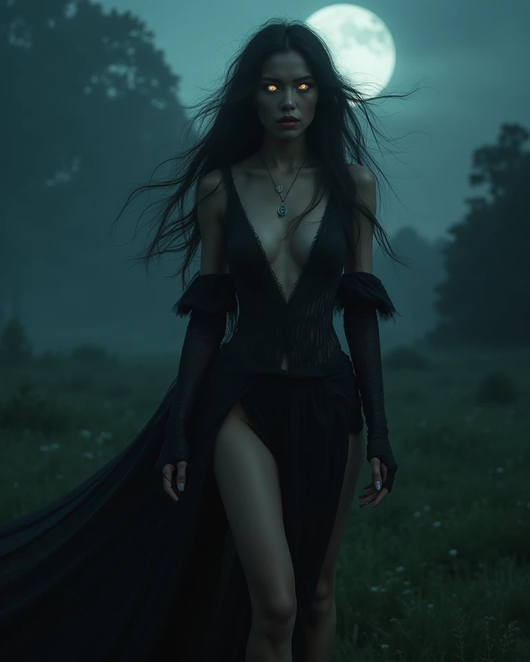 "A breathtakingly beautiful and impossibly seductive witch stands in a dark, mystical landscape, bathed in soft, cinematic lighting. Her long, silky, flowing hair moves effortlessly in the breeze, framing her flawless face with the most hypnotic, glowing e...