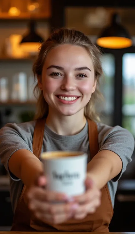 An 18-year-old, sweet, cute, and beautiful young girl is working as a barista. She wears a coffee shop uniform with a brown apron. She is holding a cup of coffee and extending it toward the camera with a warm and sincere smile. The coffee cup has “YapAinst...