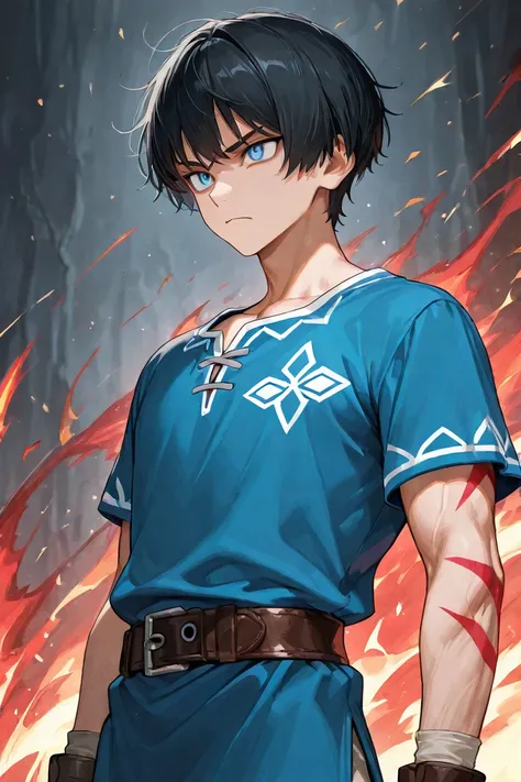 1boy, solo, upper body, serious expression, sharp eyes, black hair, short hair, bangs, blue eyes, blue tunic, red side stripes, leather belt, white combat gloves, slim, athletic build
