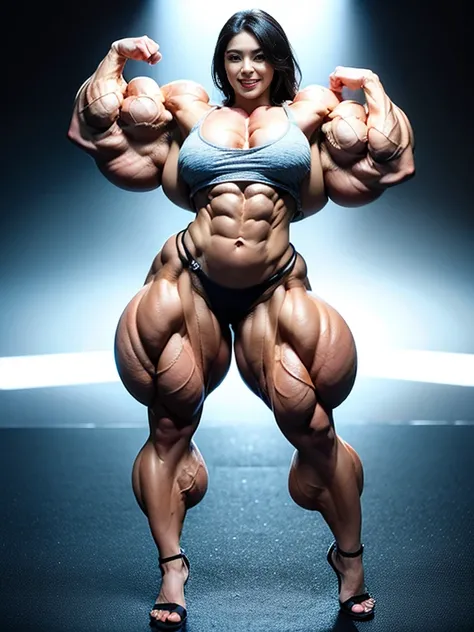  girl . ARMWRESLTER,  fbb,  elementary school ,  female face of a model, IN PIEDI FULL BODY SCENE, Colosso femminile ultra HYPER muscleso, Pumped up , big, big culturista, Relaxed muscles,  full length image , bikini outfit, high heels(high  detailed _ tex...