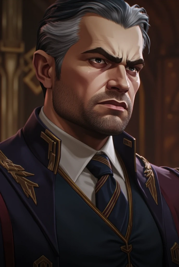 Make the dean of the University of Piltover. He has an authoritative and charismatic appearance. He is approximately 65 years old. His face shows stern determination with grey, piercing eyes. He has dark hair lightly speckled with grey which adds to his au...