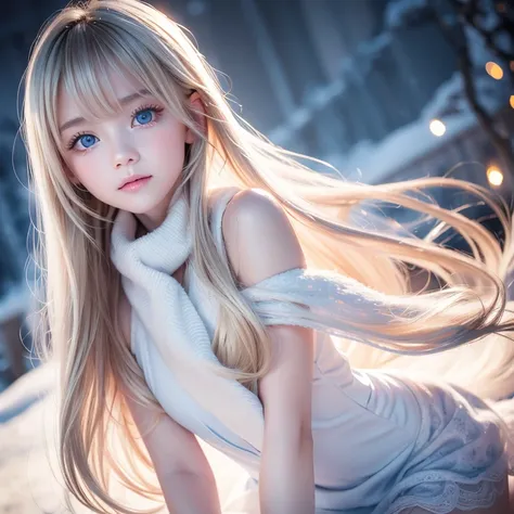  alone,  Very Beautiful Scandinavian Girl 、 shiny bright blonde hair ,  beautiful super long straight dazzling blonde hair fluttering in strong winds, long bangs block view 、  Very Bright Beautiful Light Blue Very Bright Big Eyes That Shine So Beautiful、Ch...