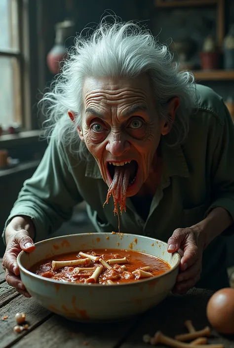 Crazy grandma eating human soup