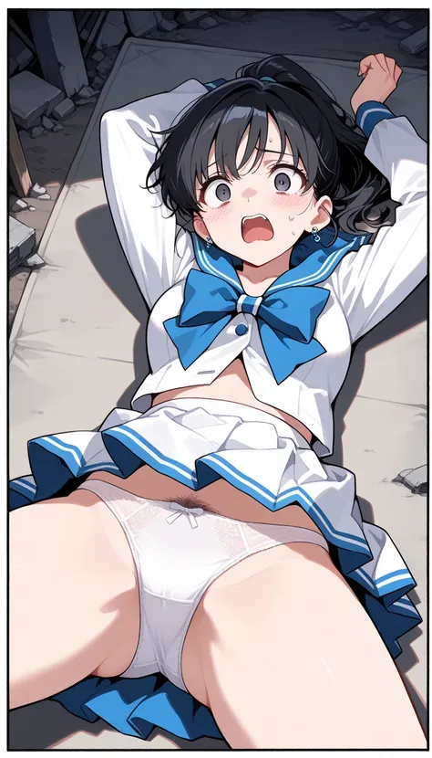 ( beautiful girl : 1.3), 1 girl,( sailor suit, Long Sleeve, skirt, earrings, front buttons, pure white underwear, pubic hair), black hair, ponytail, frightened,fear,Lying down, open, open legs,濃い pubic hair, ruins at night, mat, moving, dynamic angle, take...