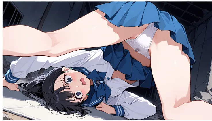 ( beautiful girl : 1.3), 1 girl,( sailor suit, Long Sleeve, skirt, earrings, front buttons, pure white underwear, pubic hair), black hair, ponytail, frightened,fear,Lying down, open, open legs,濃い pubic hair, ruins at night, mat, moving, dynamic angle, take...