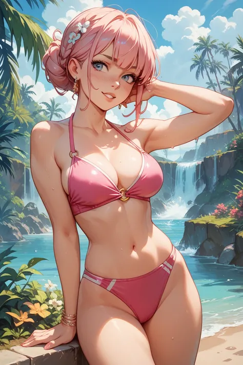 • Beautiful 20s • Pink swimsuit • Embarrassing herself fiddling with her hair • Best image quality