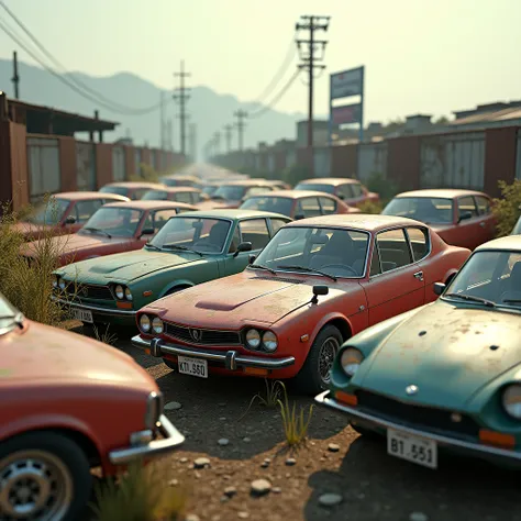 Nostalgic Japanese cars、old car scrap yard、 photorealistic