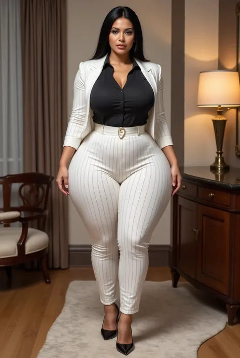 Sexy executive , 48-year-old mature .   voluptuous and curvaceous body  ,   hourglass figure  ,   wasp waist  ,   wide hips,   thick thighs  ,   Big Butt,  big busts,  wears white striped jumpsuit with a black button-up blouse, a digital representation ins...