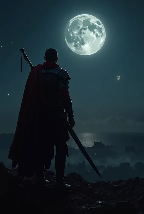 A Templar warrior with his sword stands up and watches his ruined and bloodied town in the middle of the night and the full moon..  Ready to go on his way he hopes to recover and in the distance, sees a light that gives him hope not to give up . 