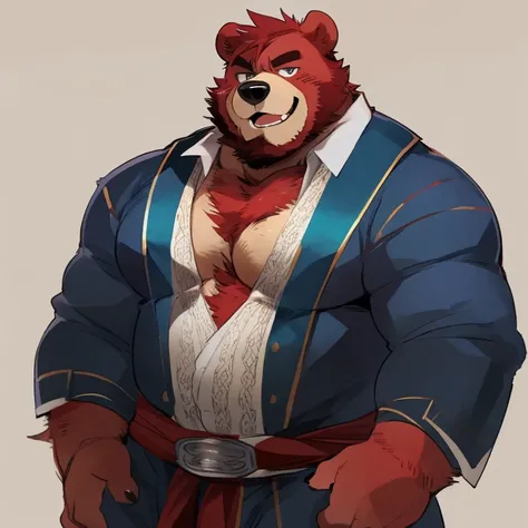 bear, furry, red fur, handsome, very muscular, very big, extremely hot and sexy, beard, hair, chest hair, charming eyes, solo, male, happy expression, daddy, full body, big body, black medieval clothes, middle aged, by hyaku, by darkgem, by glitter trap bo...