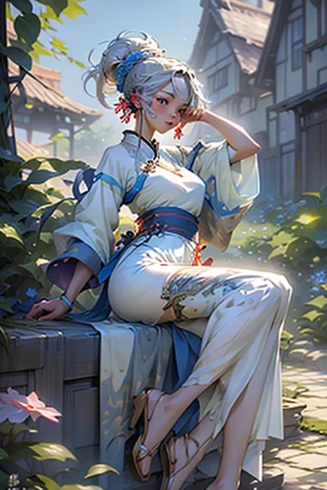 anime　Ultra-detailed, absolute resolution, a masterpiece.
Beautiful woman dancing in a colorful pastel-colored Hanfu.
Wide-angle aerial background of a flower field.
Wonderland world view.
A fusion of watercolor, acrylic and collage, conceptual installatio...