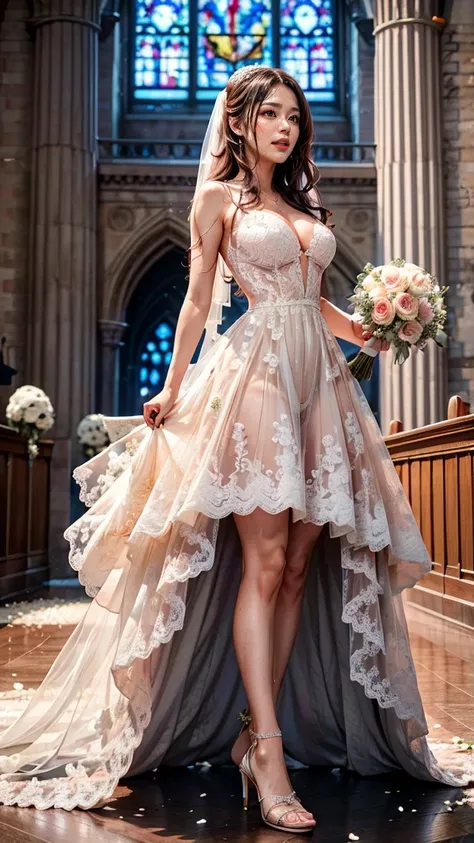 A beautiful young Japanese woman, 26 years old, with healthy thighs, beautiful legs, flawless skin, random hair color and style, large breasts, wearing a (wedding dress:1.3), (she is standing:1.2), full body shot, high heels, holding a bouquet in her hands...