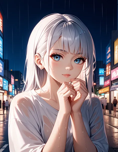 8k,  RAW Photo,  top quality,  masterpiece:1.2),( by Nomi, photo- by Nomi:1.37),tokyo street,  night , rain,  wet, cityscape ,  night ,   cyberpunk city ,Soft light, 1 girl,,  very beautiful face  , Bust,Put your hands down , Search 。 HAIRSTYLE IS RANDOM, ...