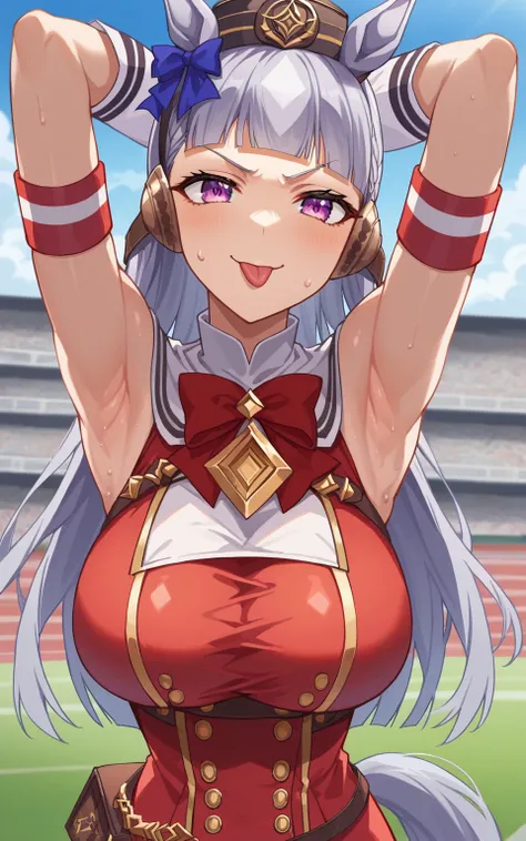 score_9, score_8_up, score_7_up, source_anime, anime screencap, 1girl, solo, gold ship umamusume,purple eyes, grey hair, horse ears, blunt bangs, long hair, pillbox hat, horse tail, red bow, armband, red dress, sleeveless dress, double-breasted, white glov...