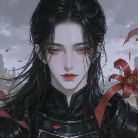 A 35-year-old warrior in the Joseon era. No facial hair. He possesses a cold yet overwhelming beauty. Wearing black armor, his appearance matches the harshness of the battlefield while also exuding an otherworldly delicacy. His skin is pale and smooth, sta...