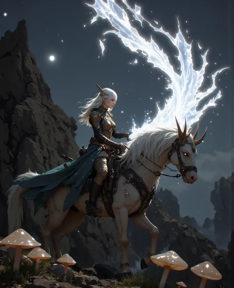 A silver-haired elf queen stands astride a primal spirit dragon, captured in a dramatic cowboy shot angle that emphasizes her poised stance and flowing armor. The dragon's antlered head unleashes a spiraling beam of celestial light, the energy stream fract...