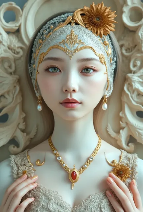 The World of Art Nouveau, best quality, masterpiece, Ultra-high resolution, (realisticlying:1.4), absurdness, (Eye focus), (face focus, Clear facial features), Complex 3d rendering of beautiful and charming biomechanical female porcelain figures, (((Has a ...