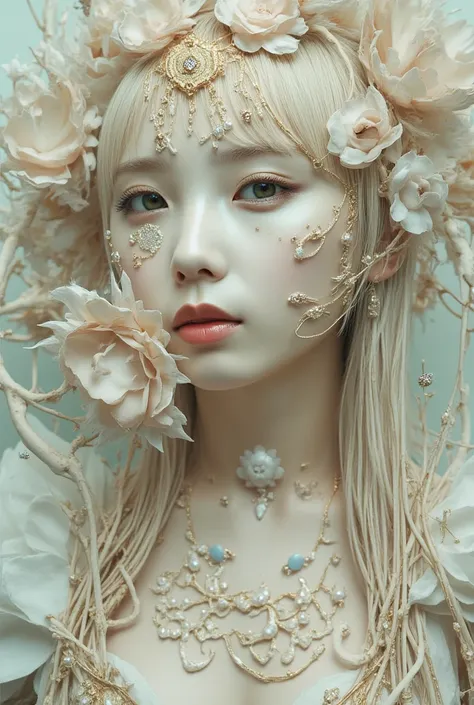 The World of Art Nouveau, best quality, masterpiece, Ultra-high resolution, (realisticlying:1.4), absurdness, (Eye focus), (face focus, Clear facial features), Complex 3d rendering of beautiful and charming biomechanical female porcelain figures, (((Has a ...