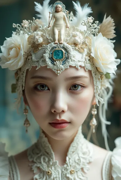 The World of Art Nouveau, best quality, masterpiece, Ultra-high resolution, (realisticlying:1.4), absurdness, (Eye focus), (face focus, Clear facial features), Complex 3d rendering of beautiful and charming biomechanical female porcelain figures, (((Has a ...