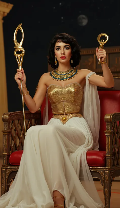  Side view,  sitting pose, gorgeous Egypt king chair, In one hand, she holds a scepter, intricately designed with Egyptian motifs, and in the other hand, a golden ankh,  looking at viewer, Elizabeth Taylor , 20-age,  (black bob haircut, highlighted with sh...