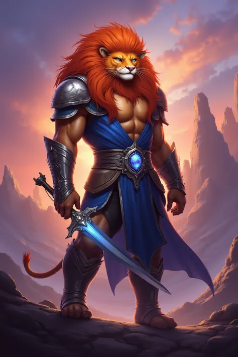 "Design a heroic anthropomorphic lion warrior with fiery orange-red mane, sharp feline features, and a muscular build. He wears a futuristic yet medieval outfit, blending metallic armor with sleek, vibrant blue fabric. His belt holds a mystical sword with ...