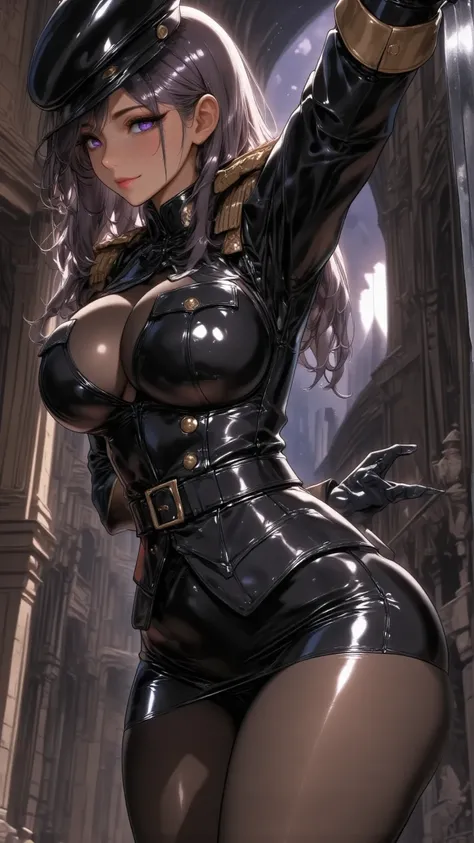 One mature and seductive dark elf woman,(masterpiece, highest quality, highly detailed, incredibly absurd high resolution, 8K, illustration, CG),(female cavalry officer, black latex military uniform with epaulettes:2.0, beret, pencil skirt, body stocking, ...