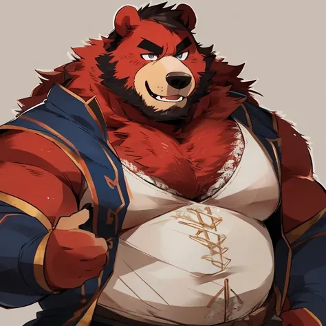 bear, furry, red fur, handsome, very muscular, very big, extremely hot and sexy, beard, hair, chest hair, charming eyes, solo, male, happy expression, daddy, full body, big body, black medieval clothes, middle aged, by hyaku, by darkgem, by glitter trap bo...