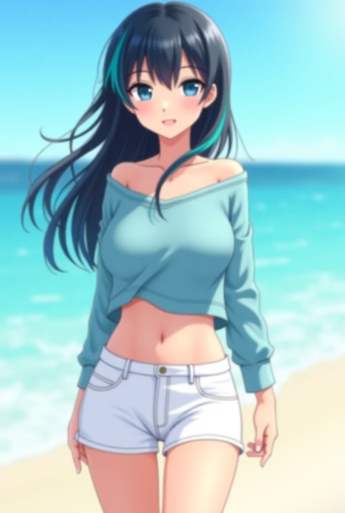 An anime style female that looks 19. She has light skin, long dark flowing hair with turquoise highlight, and deep blue pupils. She wears a loose, light blue crop top and pure white jean shorts. She stands smiling at the camera, her movements graceful and ...