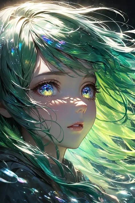 girl, solo, green hair, Iridescent gradient, Green and blue and yellow hues, Radial gradient (inner to outer), Glowing effect, Bioluminescent appearance, Realistic texture, Sharp reflections, Soft lighting