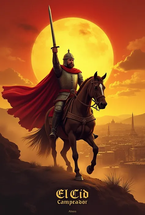  Poster Design :
Main Image: An epic portrait of El Cid Campeador with his sword Tizona held high,  riding his horse Babieca ,  against the background of a sunrise over the city of Valencia .
COLORS: golden tones,  red and brown to give a medieval air .
Ty...