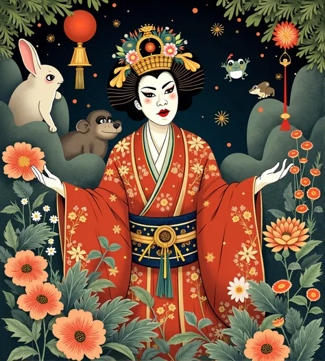 Rabbit🐰、Frog🐸、Monkey🐵、　Japan　 Edo period　SHARAKU 　work、 kabuki actor、flower arrangement、female　Heart、bell。 glamorous。Momentum。luxury。amazing。good。