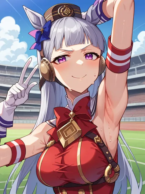 score_9, score_8_up, score_7_up, source_anime, anime screencap, 1girl, solo, gold ship umamusume, purple eyes, grey hair, horse ears, blunt bangs, long hair, pillbox hat, horse tail, red bow, armband, red dress, sleeveless dress, double-breasted, white glo...