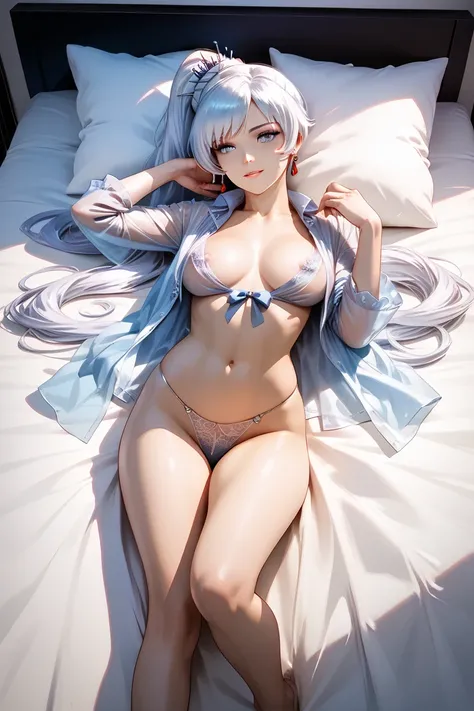 weiss schnee from rwby, sexy, lying on bed, open shirt exposing cleavage, extraordinarily beautiful, prominent hips, transparent blouse, realistic, high detail, cinematic, full body