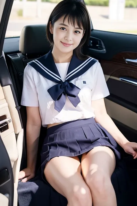 Kawakabey ,School_uniform,Sailor, serafuku,、Sitting in the back seat of a luxury car、 Spread Her Legs Wide 、 white underwear、 I want to see my whole body 、A refreshing smile、 Thin legs are beautiful、Well-proportioned physique,、Wear loafers、Karen 18 year ol...