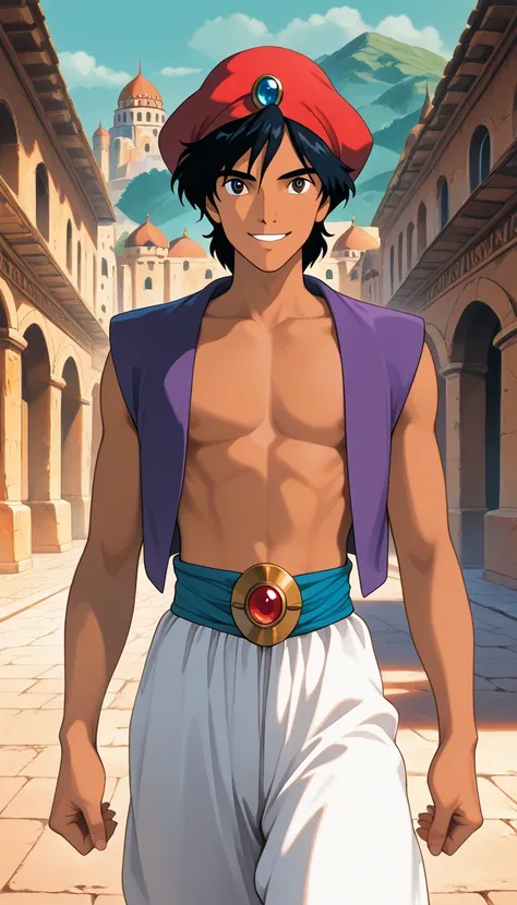 (1boy, aladdin), (extremely detailed CG unit 8k wallpaper),(master part), (best quality), (ultra detail), (best illustration),(ghibli_style), cowboy shot, standing, facing viewer, looking at viewer, perfect face, perfect eyes, perfect fingers, (Sharp eyeli...