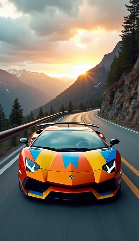 The image shows a colorful sports car driving on a winding mountain road. The car is a Lamborghini Aventador LP700-4 Superveloce, with a unique design that is predominantly orange, yellow, and blue. It has a sleek and aerodynamic design with a low profile ...