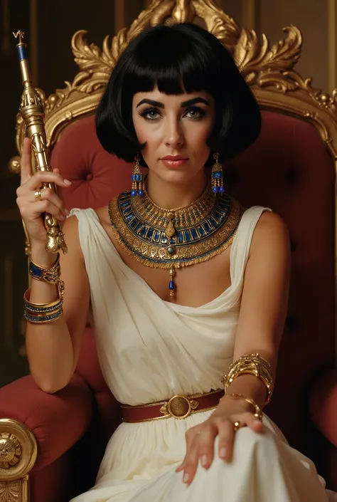 Portrait, Front view,  sitting pose, gorgeous Egypt king chair, In one hand, she holds a scepter, intricately designed with Egyptian motifs, and in the other hand, a golden ankh,  looking at viewer, Elizabeth Taylor , 20-age,  (black bob haircut, highlight...