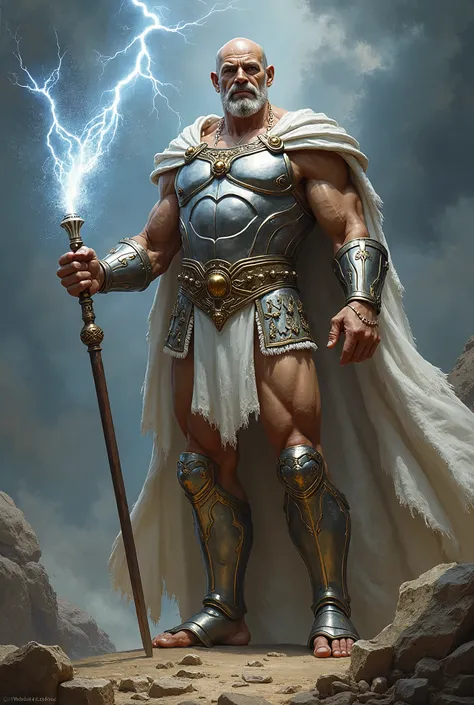 Zues holds a lightning bolt, skinny, shinning silver armor, sandal, slightly bald, moustache