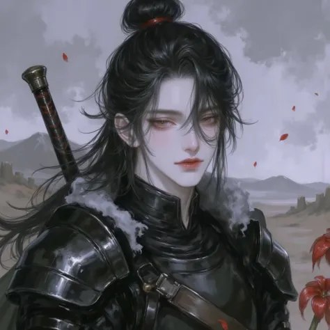 A 35-year-old warrior in the Joseon era. No facial hair. He possesses a cold yet overwhelming beauty. Wearing black armor, his appearance matches the harshness of the battlefield while also exuding an otherworldly delicacy. His skin is pale and smooth, sta...