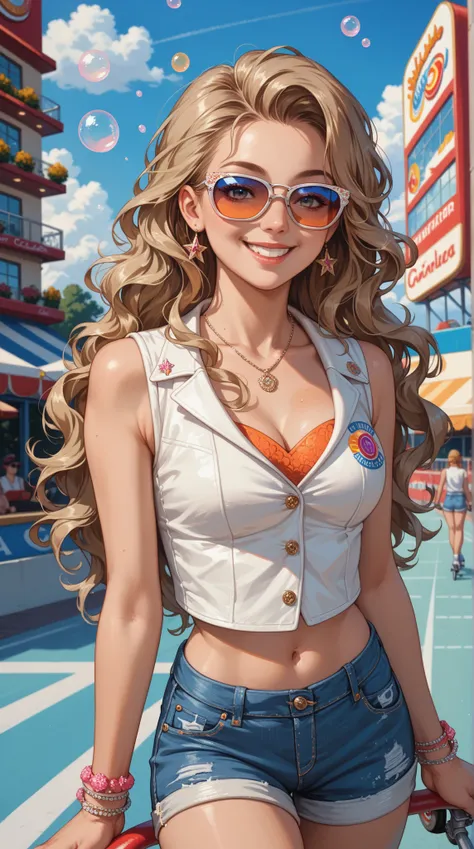  Close-up portrait of a beautiful young lady ， showing a cool atmosphere ，Smile brightly。 She has long and wavy golden hair， light olive skin ， wearing sunglasses ， wearing a white vest and denim shorts ， Skating a straight wheel down the streets of Los An...