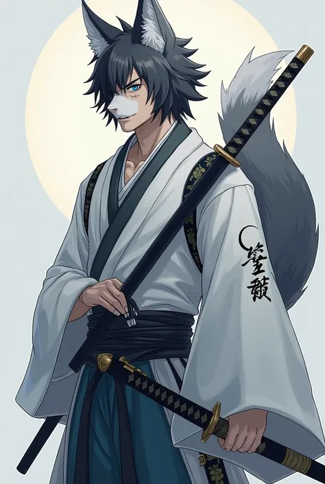 Half wolf half kitsune but looks half human 
Has wolf ears and three kitsune tail 
Has white and gray fur that comes his neck down to his back 
Has claws that are extendable form his fingers
He is a shinobi 
Wears shinobi cloths and wear haori that’s white...