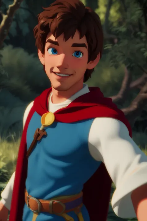 pr1nc3_fl0, render, 3d, masterpiece, (pixar style), 4k,1boy, man,brown hair, looking at viewer,smiling, blue tunic with white sleeves, red cape, big eyes, forest, from front
3DMM